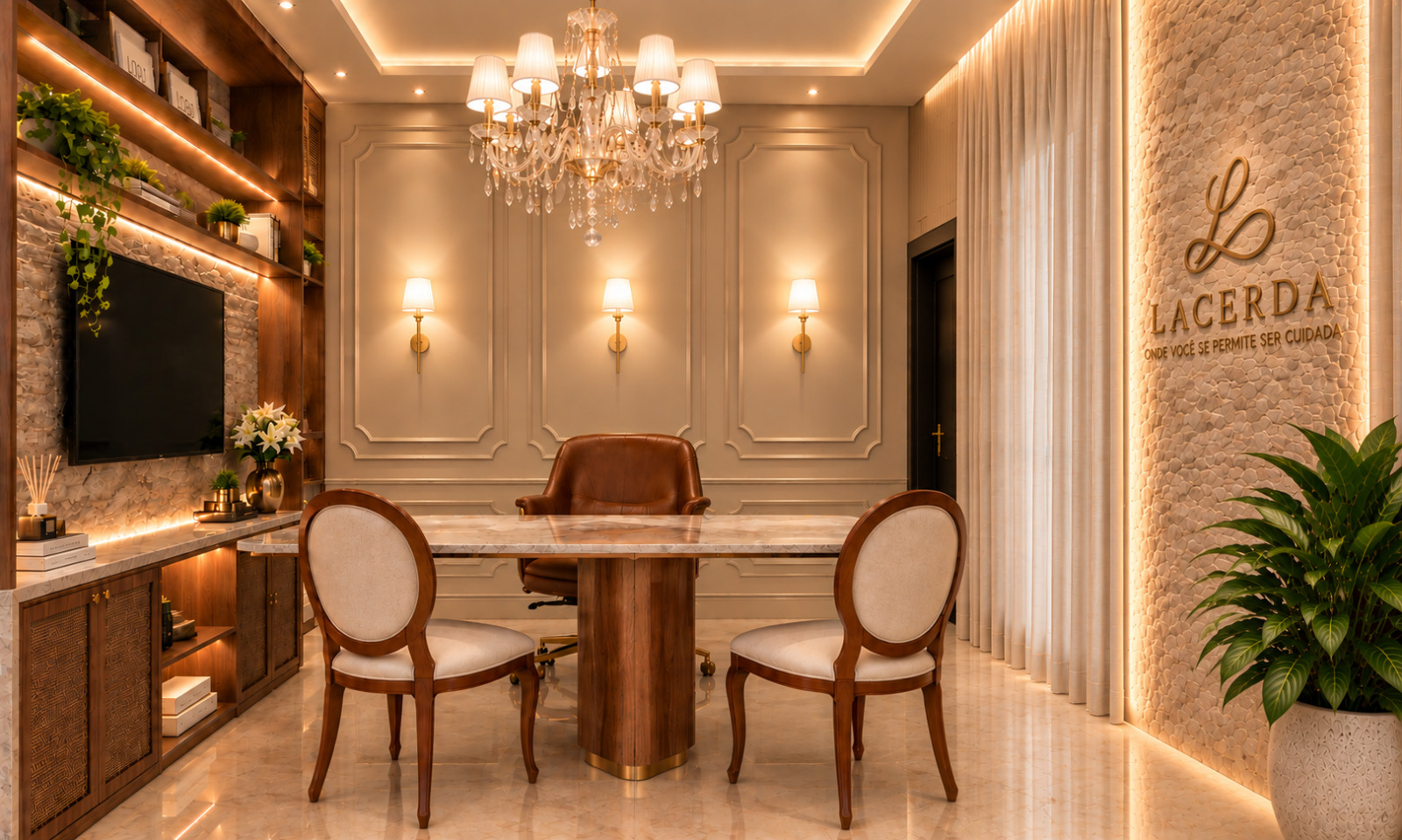 Consultório da Clínica Ducineia Lacerda, com lustre, mesa e cadeiras em um ambiente acolhedor
