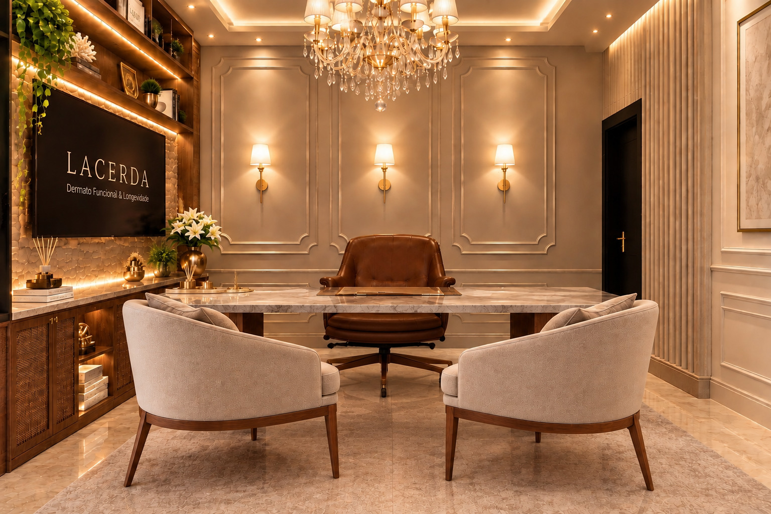 Interior real da Clínica Lacerda, com lustre, mesa de atendimento e poltronas